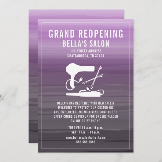 ヘアサロンの再開紫グラデーション色 招待状 (正面/裏面)