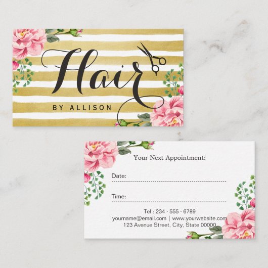ヘアサロンアポイントメントカードトレンディーストライプ金ゴールド 予約カード (正面/裏面)