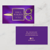 ヘアサロンアンティークシザーパープルモダン&金ゴールド 名刺 (正面/裏面)