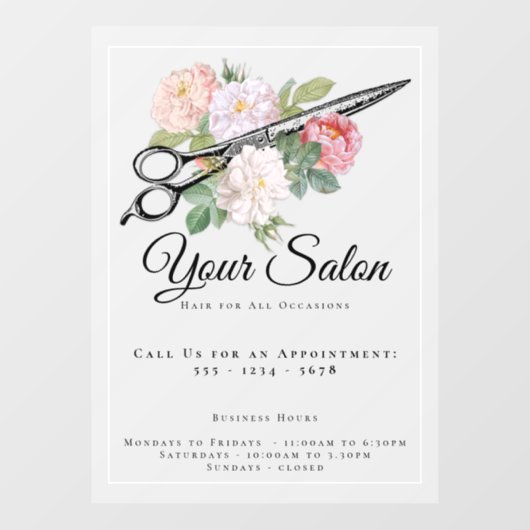 ヘアサロンオープンアワーズピンクローズライトグレー ウィンドウサイン (シート)