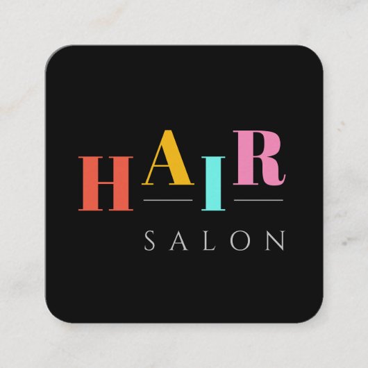 ヘアサロンカラフルタイポグラフィモダンヘアスタイリスト スクエア名刺 (正面)