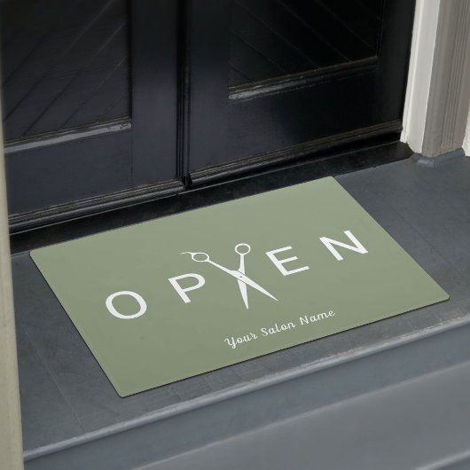 ヘアサロンシザーオープンセージグリーンウェルカム ドアマット