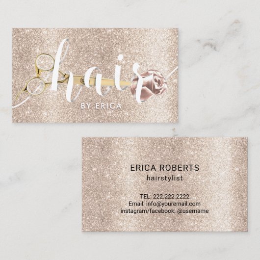 ヘアサロンシザー&フラワーアイボリー金ゴールドグリッター 名刺 (正面/裏面)