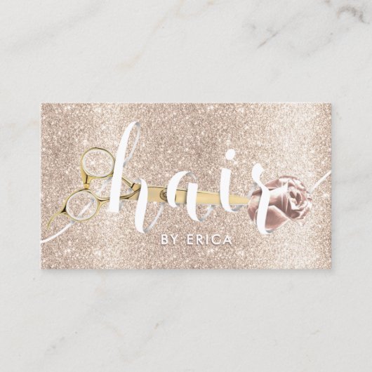 ヘアサロンシザー&フラワーアイボリー金ゴールドグリッター 名刺 (正面)