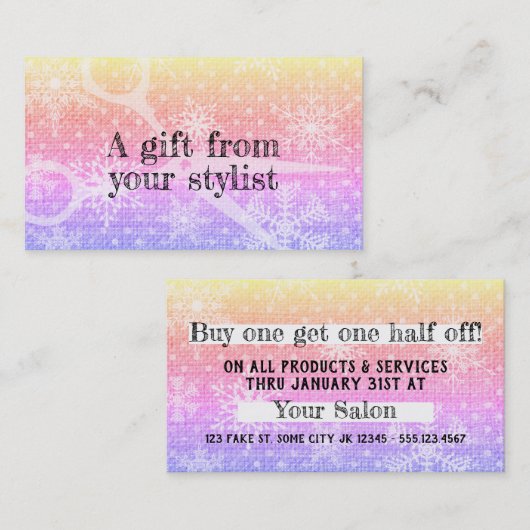 ヘアサロンスタイリストホリデークーポンギフトカードクリスマス ロイヤリティカード (正面/裏面)