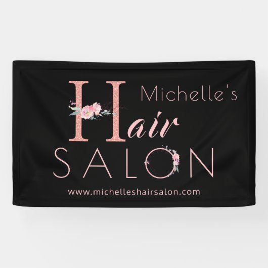ヘアサロンスタイリスト名ピンクフローラグリッターブラック 横断幕 (横)