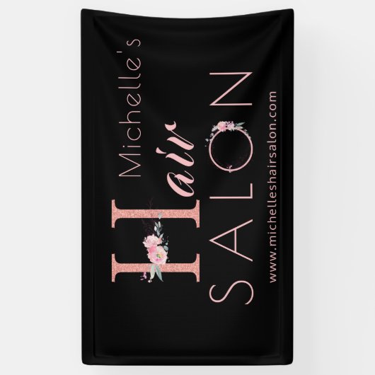 ヘアサロンスタイリスト名ピンクフローラグリッターブラック 横断幕 (縦)