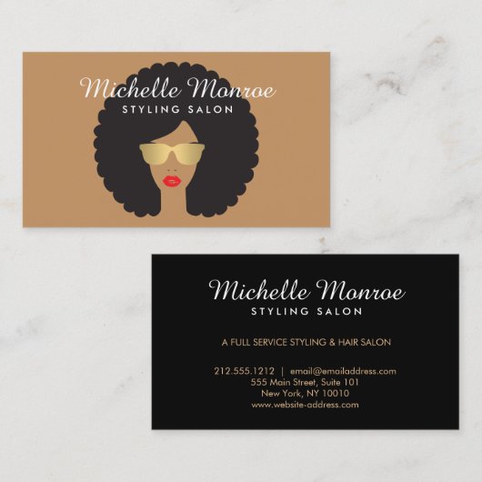ヘアサロンスタイリスト美しいガールウィズアフロ 名刺 (正面/裏面)