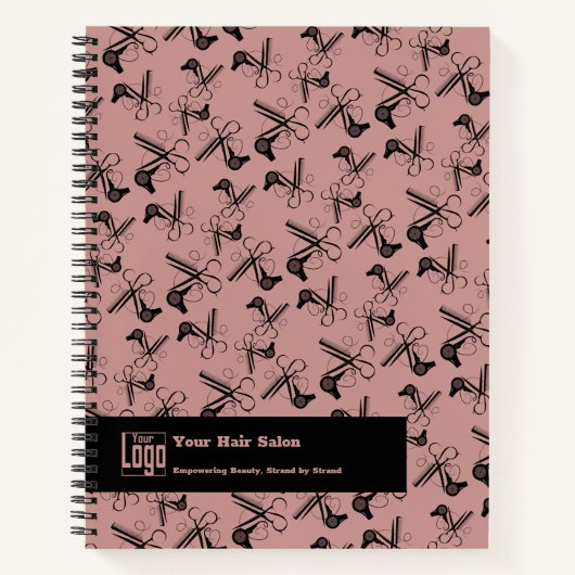 ヘアサロンツールパターンブラックピンクのプロモーション ノートブック (正面)