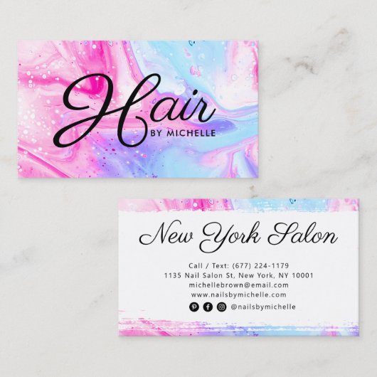 ヘアサロンピンクガーリーブルー抽象芸術水彩アート 名刺 (正面/裏面)