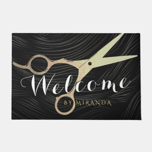 ヘアサロンヘアスタイリストブラック金ゴールドシザーズウェルカム ドアマット (正面)