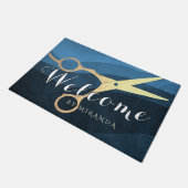 ヘアサロンヘアスタイリストブルー金ゴールドシザーズウェルカム ドアマット (アングル)