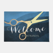 ヘアサロンヘアスタイリストブルー金ゴールドシザーズウェルカム ドアマット (正面)