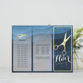 ヘアサロンヘアスタイリストブルー金ゴールドハサミ3折 (スタンド正面)