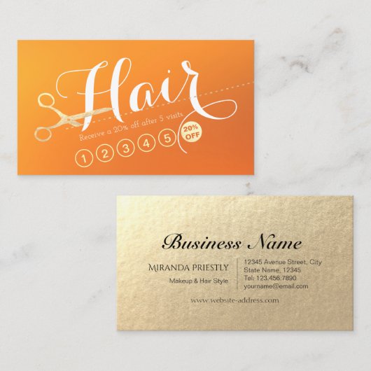 ヘアサロンヘアスタイリストモダンオレンジ金ゴールドはさみ ロイヤリティカード (正面/裏面)