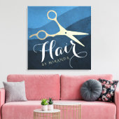 ヘアサロンヘアスタイリストモダンブルー&金ゴールドはさみ キャンバスプリント (インサイチュ (リビング))