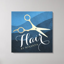 ヘアサロンヘアスタイリストモダンブルー&金ゴールドはさみ キャンバスプリント