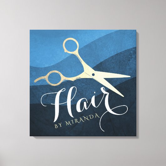 ヘアサロンヘアスタイリストモダンブルー&金ゴールドはさみ キャンバスプリント (正面)
