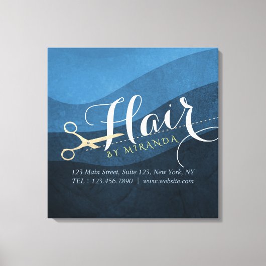 ヘアサロンヘアスタイリストモダンブルー&金ゴールドはさみ キャンバスプリント (正面)