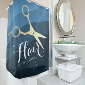 ヘアサロンヘアスタイリストモダンブルー&金ゴールドはさみ シャワーカーテン