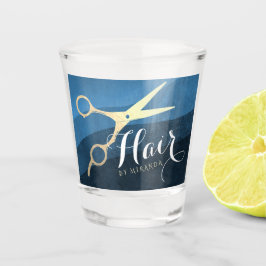 ヘアサロンヘアスタイリストモダンブルー&金ゴールドはさみ ショットグラス