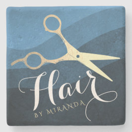 ヘアサロンヘアスタイリストモダンブルー&金ゴールドはさみ ストーンコースター