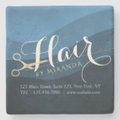 ヘアサロンヘアスタイリストモダンブルー&金ゴールドはさみ ストーンコースター (正面)