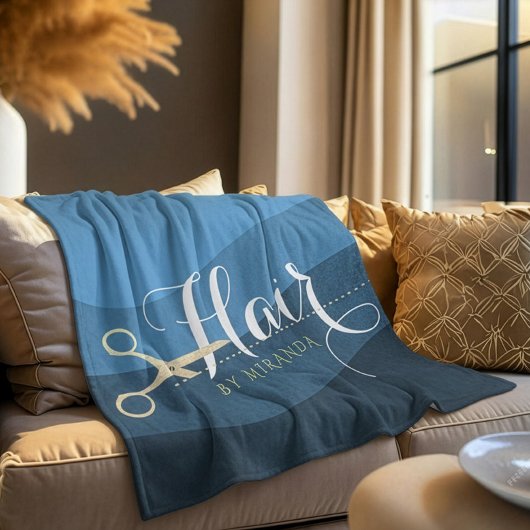 ヘアサロンヘアスタイリストモダンブルー&金ゴールドはさみ フリースブランケット