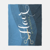 ヘアサロンヘアスタイリストモダンブルー&金ゴールドはさみ フリースブランケット (正面)