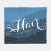 ヘアサロンヘアスタイリストモダンブルー&金ゴールドはさみ フリースブランケット (正面(横))