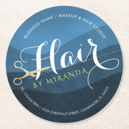 ヘアサロンヘアスタイリストモダンブルー&金ゴールドはさみ ラウンドペーパーコースター