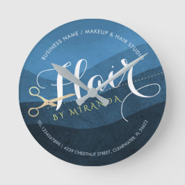 ヘアサロンヘアスタイリストモダンブルー&金ゴールドはさみ ラウンド壁時計