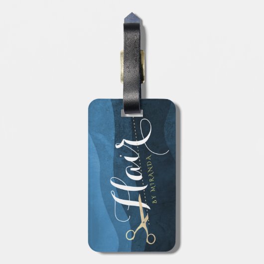 ヘアサロンヘアスタイリストモダンブルー&金ゴールドはさみ ラゲッジタグ (裏面縦)
