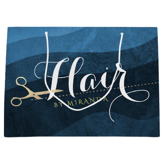 ヘアサロンヘアスタイリストモダンブルー&金ゴールドはさみ ラージペーパーバッグ (正面)
