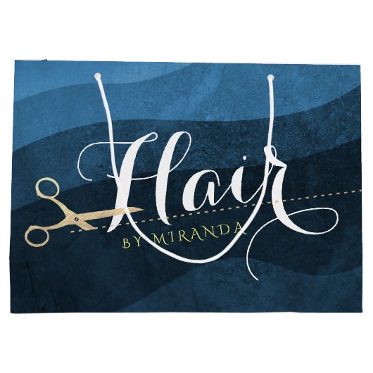 ヘアサロンヘアスタイリストモダンブルー&金ゴールドはさみ ラージペーパーバッグ (裏面)