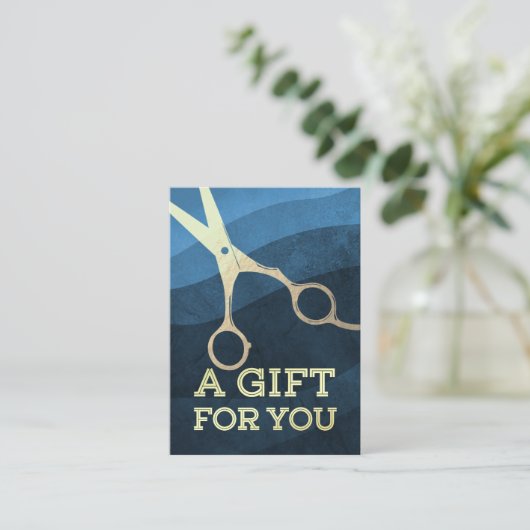 ヘアサロンヘアスタイリストモダンブルー&金ゴールドはさみ 割引カード (スタンド正面)