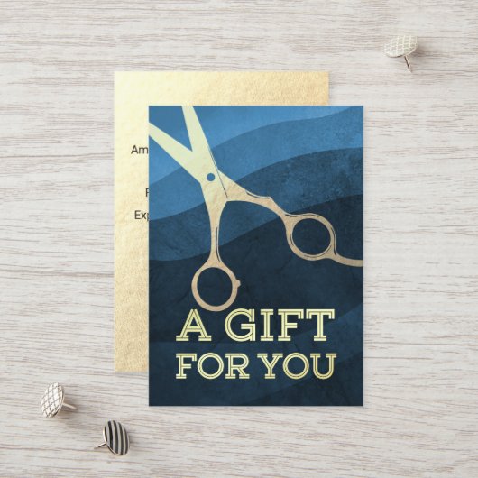 ヘアサロンヘアスタイリストモダンブルー&金ゴールドはさみ 割引カード (正面/裏面インサイチュ)