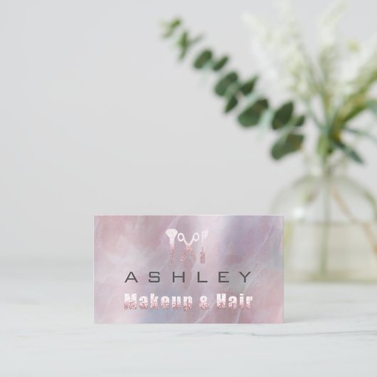 ヘアサロンメイクアップアーティストアポイントメントグレーピンク 名刺 (スタンド正面)