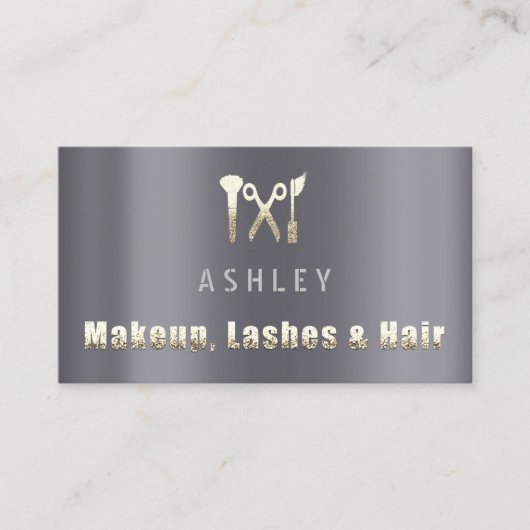 ヘアサロンメイクアップラッシュアポイントメントカードグレー金ゴールド 名刺 (正面)