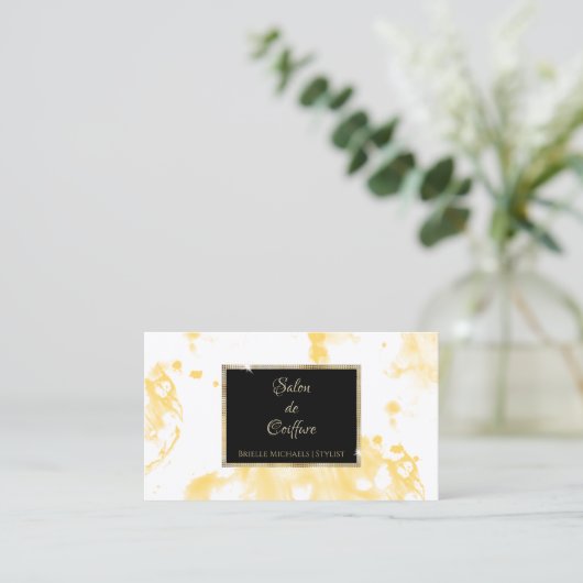 ヘアサロンモダンイエロー抽象芸術スプラッシュ 名刺 (スタンド正面)