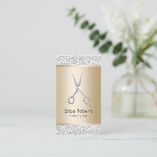 ヘアサロンラグジュアリーシルバーグリッターヘアスタイリスト 名刺 (スタンド正面)
