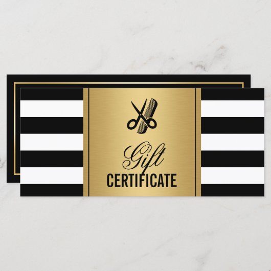 ヘアサロンロゴギフト証明書金ゴールドB&Wストライプオプション (正面/裏面)