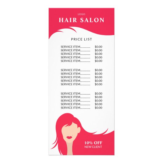 ヘアサロン価格表 ピンクのヘアスタイリストモデル ラックカード (正面)