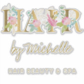 ヘアサロン名金ゴールドとピンクフローラタイポグラフィ シール (正面)