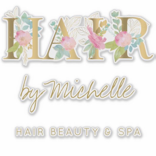 ヘアサロン名金ゴールドとピンクフローラタイポグラフィ シール (正面)