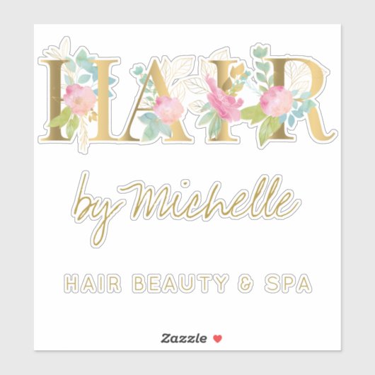 ヘアサロン名金ゴールドとピンクフローラタイポグラフィ シール (シート)