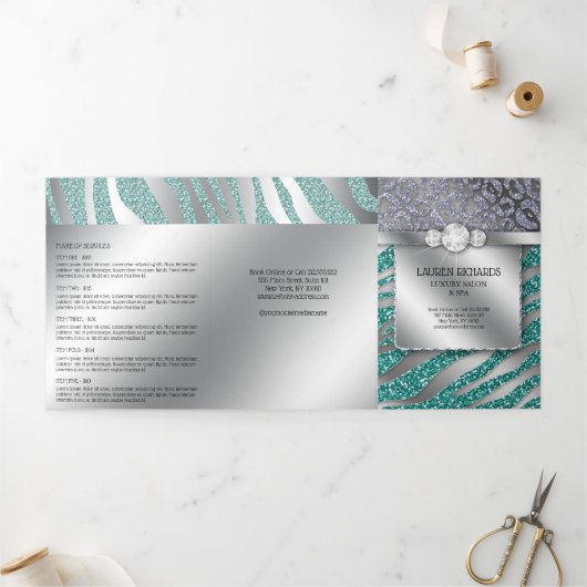 ヘアサロン爪、 ネイルメイクアップゼブラグリッターパンフレット 三つ折りカード (外部)