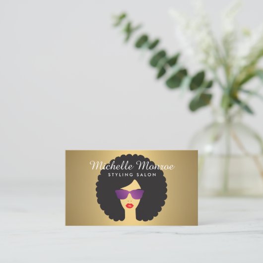 ヘアサロン美しいガールとアフロオンフェイク金ゴールド 名刺 (スタンド正面)