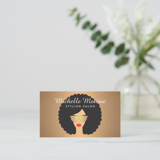 ヘアサロン美しいガールウィズアフロオンバラ金ゴールド 名刺 (スタンド正面)