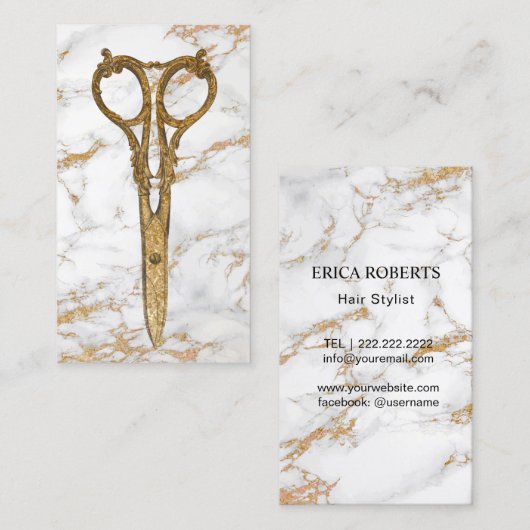 ヘアサロン金ゴールドアンティークシザートレンディー大理石#2 名刺 (正面/裏面)